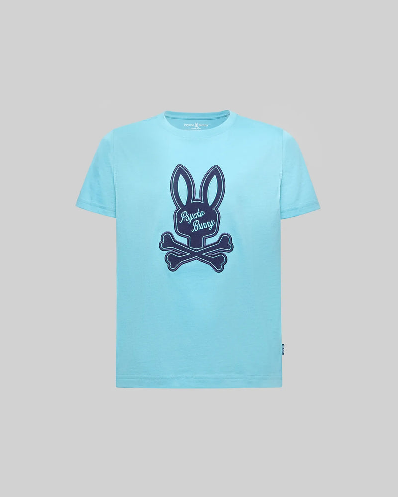 The KIDS DEREK CENTER GRAPHIC TEE (KT0200006) by Psycho Bunny features a large navy bunny with crossed bones and "Psycho Bunny" text on soft Pima cotton in light blue, shown against a plain gray background.