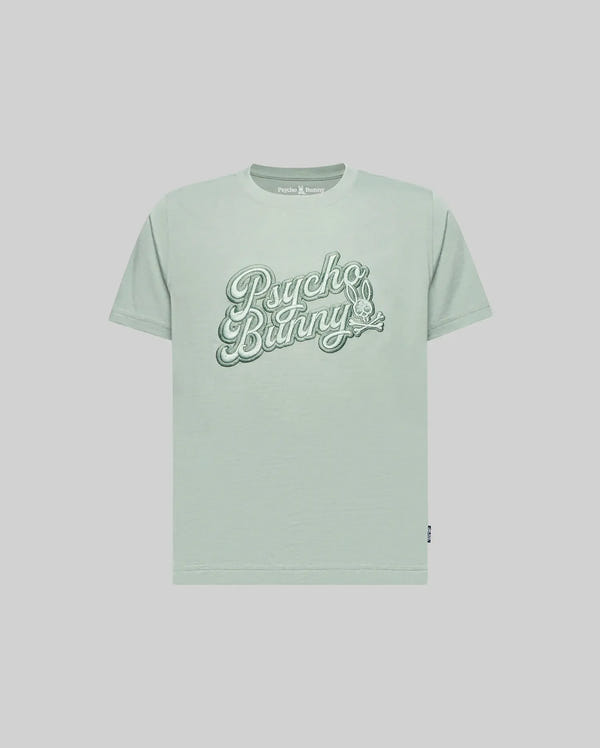 The KIDS ELIAS GRAPHIC TEE (KT0200013) by Psycho Bunny is a light green Pima cotton short-sleeve shirt with large retro "Psycho Bunny" script and a small bunny graphic on the chest, shown against a plain light background.