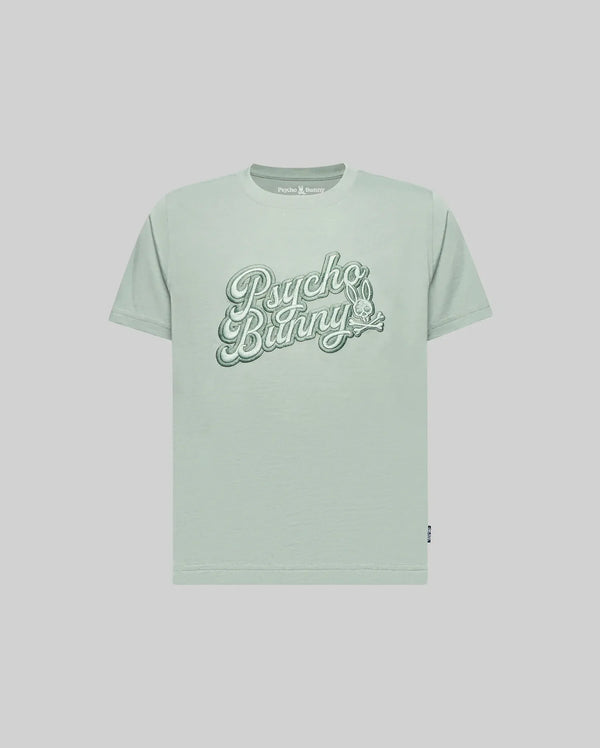 The KIDS ELIAS GRAPHIC TEE (KT0200013) by Psycho Bunny is a light green Pima cotton short-sleeve shirt with large retro "Psycho Bunny" script and a small bunny graphic on the chest, shown against a plain light background.