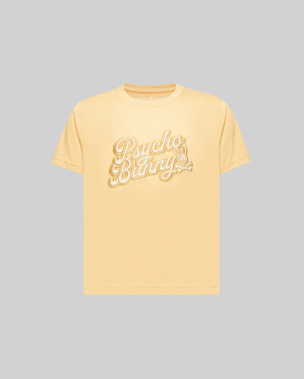 The KIDS ELIAS GRAPHIC TEE (KT0200013) by Psycho Bunny is a light yellow, retro-style short-sleeve Pima cotton t-shirt featuring "Psycho Bunny" in large white script and a bunny with a carrot, shown on a plain gray background.