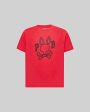 The Psycho Bunny KIDS BALES GRAPHIC TEE (KT0200021) is a red Pima cotton shirt with a bold black outline rabbit-head-and-crossbones graphic, flanked by “P” and “B,” shown on a plain gray background. Perfect for year-round wear.