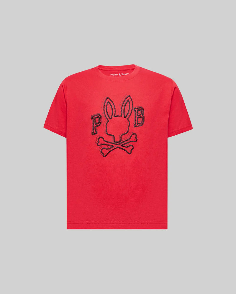 The Psycho Bunny KIDS BALES GRAPHIC TEE (KT0200021) is a red Pima cotton shirt with a bold black outline rabbit-head-and-crossbones graphic, flanked by “P” and “B,” shown on a plain gray background. Perfect for year-round wear.