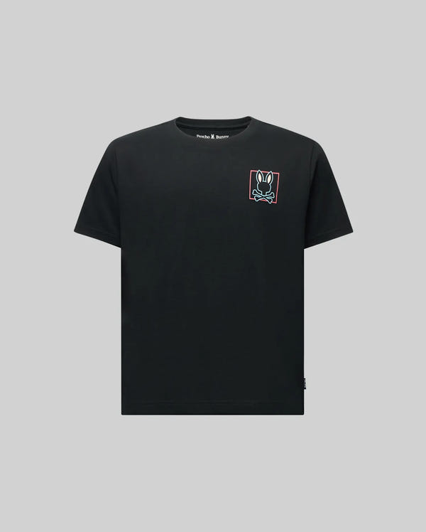 The Psycho Bunny KIDS JESSE GRAPHIC TEE (KT0200031) is a soft Pima cotton shirt in light gray, featuring a small white hand peace sign graphic outlined in red on the upper left chest with a water-based print.