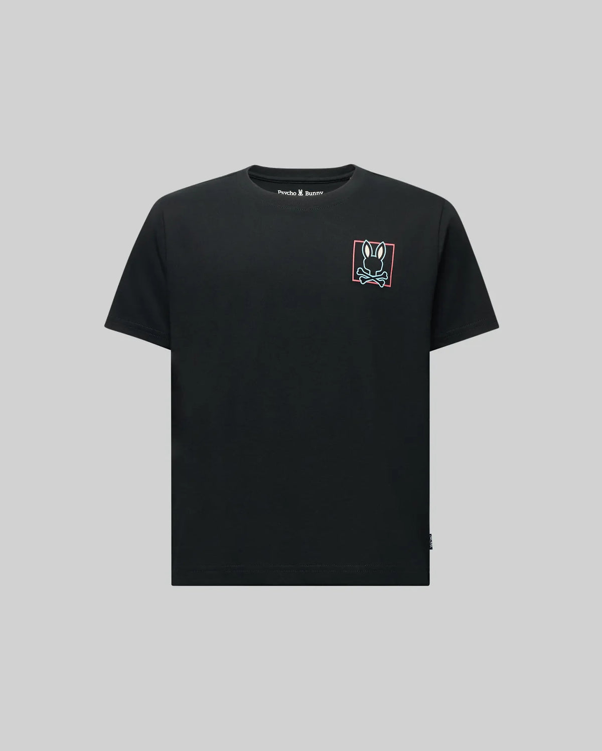 The Psycho Bunny KIDS JESSE GRAPHIC TEE (KT0200031) is a soft Pima cotton shirt in light gray, featuring a small white hand peace sign graphic outlined in red on the upper left chest with a water-based print.