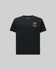 The Psycho Bunny KIDS JESSE GRAPHIC TEE (KT0200031) is a soft Pima cotton shirt in light gray, featuring a small white hand peace sign graphic outlined in red on the upper left chest with a water-based print.