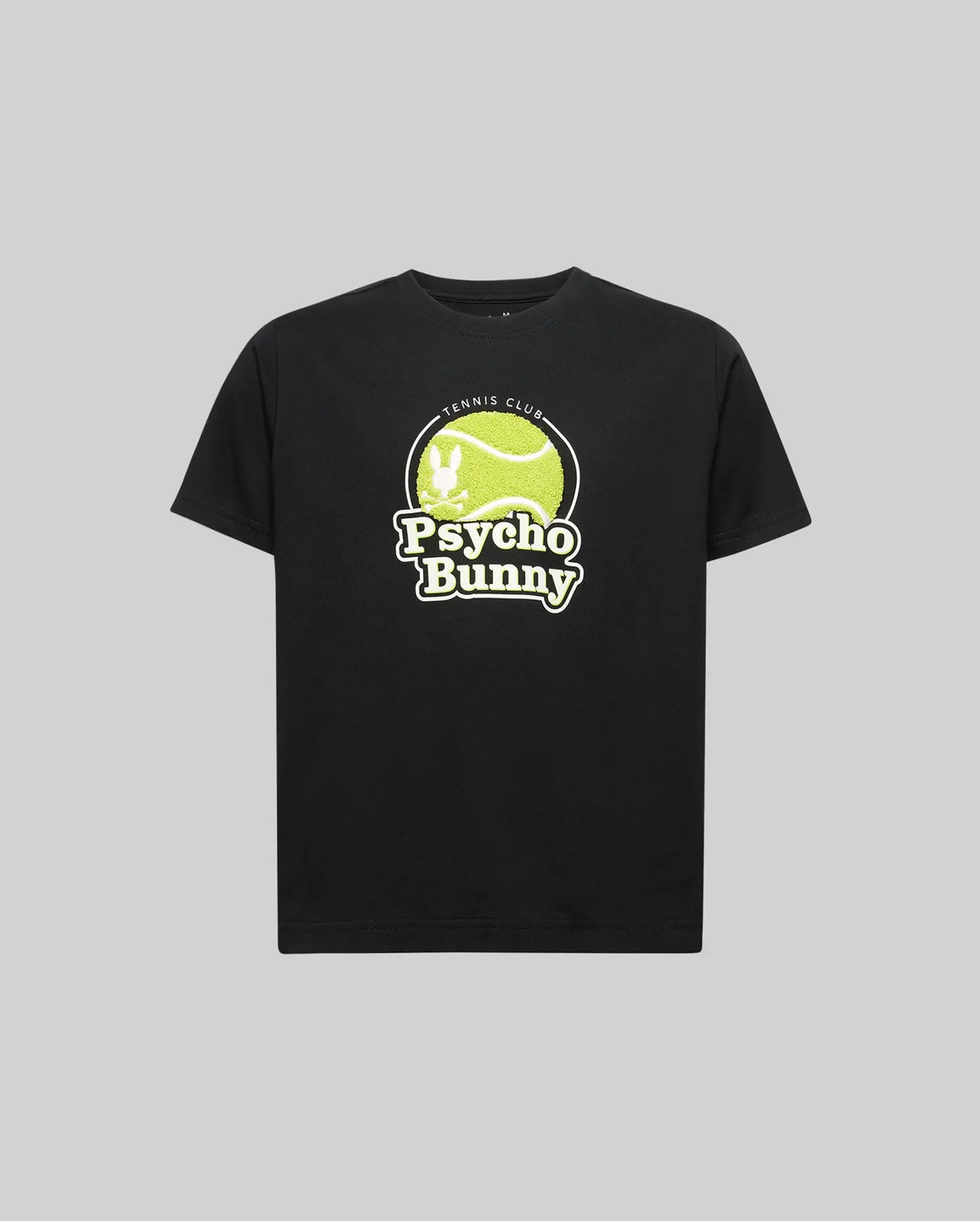 The KIDS PETE GRAPHIC TEE (KT0200038) by Psycho Bunny is a black Pima cotton t-shirt with a green tennis ball graphic, "TENNIS CLUB" above, and bold "Psycho Bunny" text in white and green below the design.