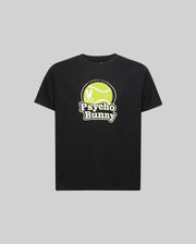 The KIDS PETE GRAPHIC TEE (KT0200038) by Psycho Bunny is a black Pima cotton t-shirt with a green tennis ball graphic, "TENNIS CLUB" above, and bold "Psycho Bunny" text in white and green below the design.