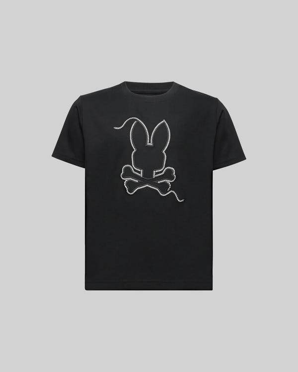 The KIDS CYRUS GRAPHIC TEE (KT0200047) by Psycho Bunny features a white outlined bunny head with long ears above crossed bones, centered on the chest. Made from ultra-soft Pima cotton, it comes in gray and channels a sailor’s spirit.