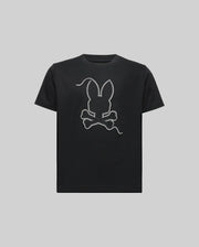The KIDS CYRUS GRAPHIC TEE (KT0200047) by Psycho Bunny features a white outlined bunny head with long ears above crossed bones, centered on the chest. Made from ultra-soft Pima cotton, it comes in gray and channels a sailor’s spirit.