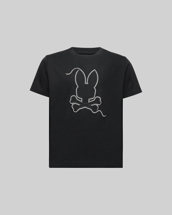 The KIDS CYRUS GRAPHIC TEE (KT0200047) by Psycho Bunny features a white outlined bunny head with long ears above crossed bones, centered on the chest. Made from ultra-soft Pima cotton, it comes in gray and channels a sailor’s spirit.