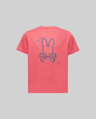 The KIDS CYRUS GRAPHIC TEE - KT0200047 by Psycho Bunny is a pink Pima cotton tee with a bold bunny head and rope crossbones graphic on the front, capturing a playful sailor vibe.