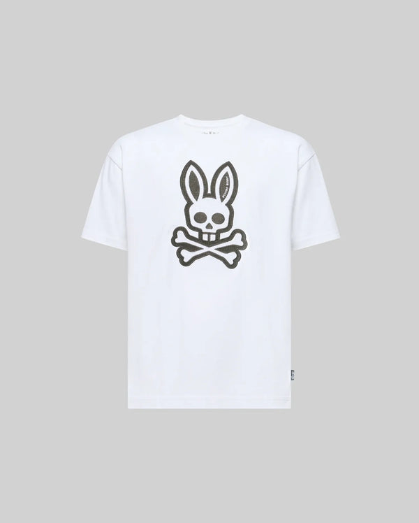 The KIDS RYDER OVERSIZED FIT TEE (KT0200056) by Psycho Bunny features a large stylized rabbit skull and crossbones graphic on the front, set against a light gray Pima cotton for premium softness.