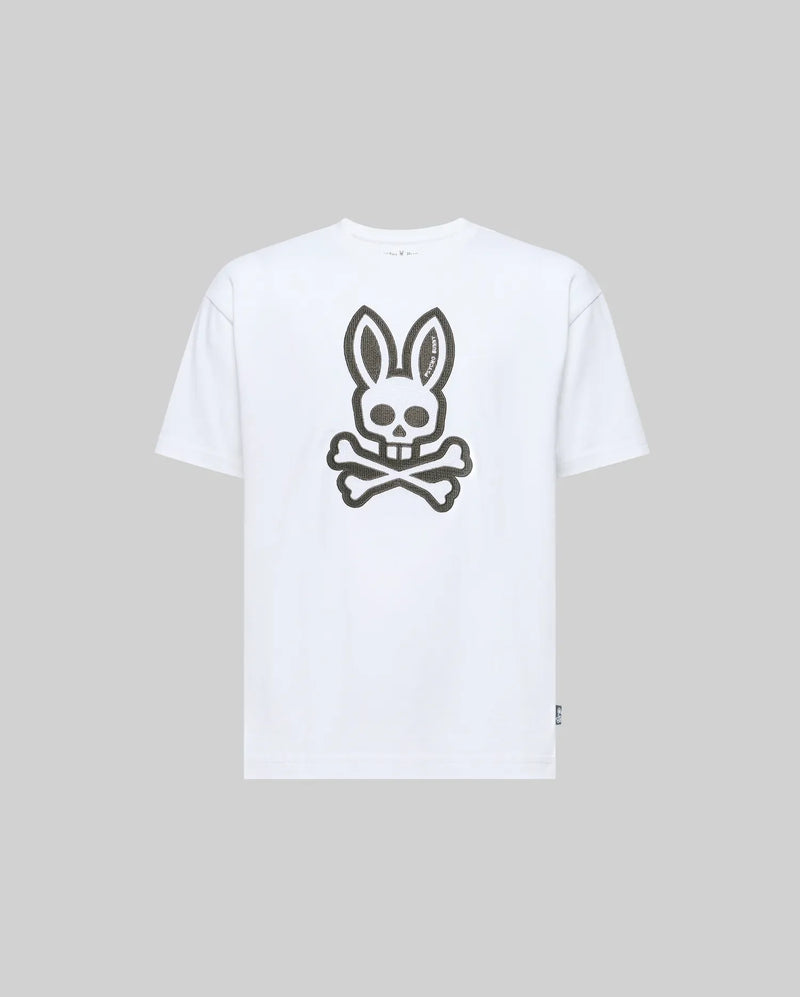 The KIDS RYDER OVERSIZED FIT TEE (KT0200056) by Psycho Bunny features a large stylized rabbit skull and crossbones graphic on the front, set against a light gray Pima cotton for premium softness.