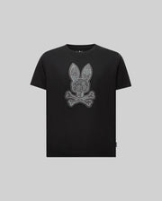 The Psycho Bunny KIDS ROWEN BUNNY GRAPHIC TEE (KT0200058) features a bold bunny head above crossed bones on light gray Pima cotton, crafted in Peru.