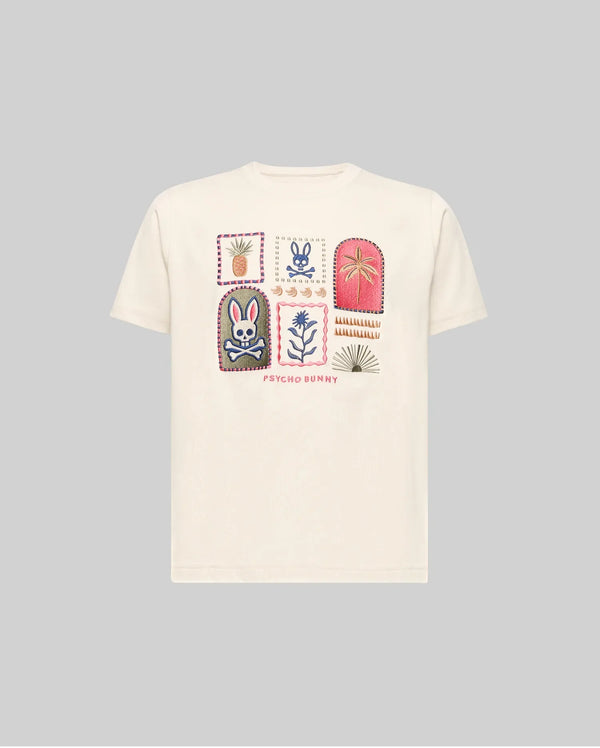The Psycho Bunny KIDS SUNDEW GRAPHIC TEE (KT0200092) is a white Pima cotton t-shirt with six colorful patch-style graphics—such as a bunny, flower, plant, and geometric designs—and "Psycho Bunny" in red below the images.