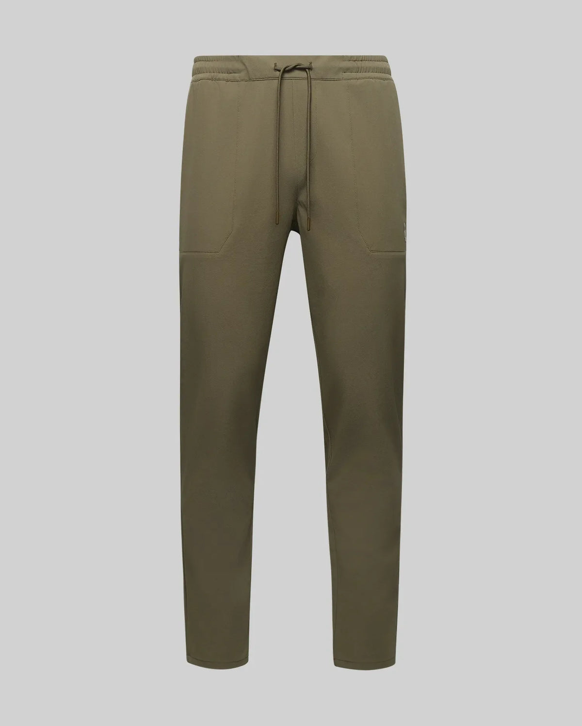 Psycho Bunny MENS BEN TECH JOGGER PULL ON (MB0600013) in olive green, made from polyester spandex blend with elastic waistband, drawstring, and two front pockets, displayed on a plain light gray background.