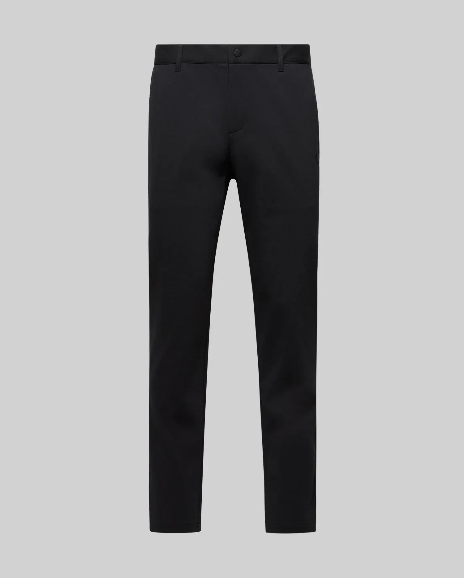 The Psycho Bunny MENS EDWARD PANT - MB0600014 features black cotton straight-leg trousers with belt loops and a button closure, displayed on a plain light gray background. Made in Vietnam.