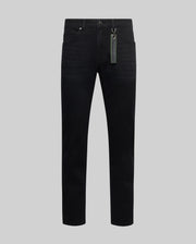 Black Mens Emerson Denim Pant, slim fit, classic five-pocket style, with a neon green Psycho Bunny branded tag on the belt loop, showcasing premium denim texture.