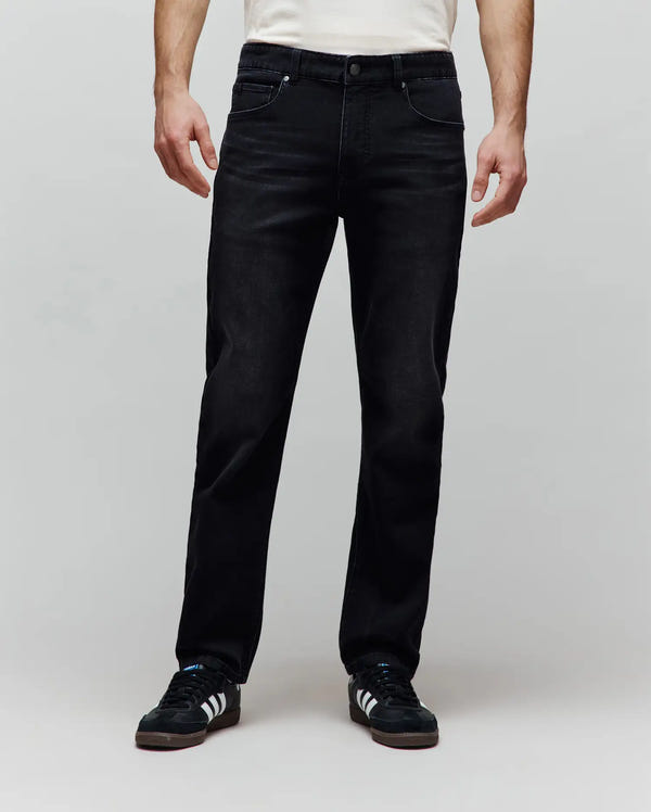 Mens Ace Knit Denim Pant, black with a subtle faded wash, classic straight fit, knit denim texture, featuring a five-pocket design, button closure, and white contrast stitching.
