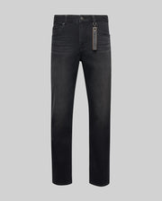 Mens Ace Knit Denim Pant in washed charcoal black, featuring a classic straight fit, soft knit denim texture, subtle fading, five-pocket styling, and a Psycho Bunny branded tag on the front belt loop.