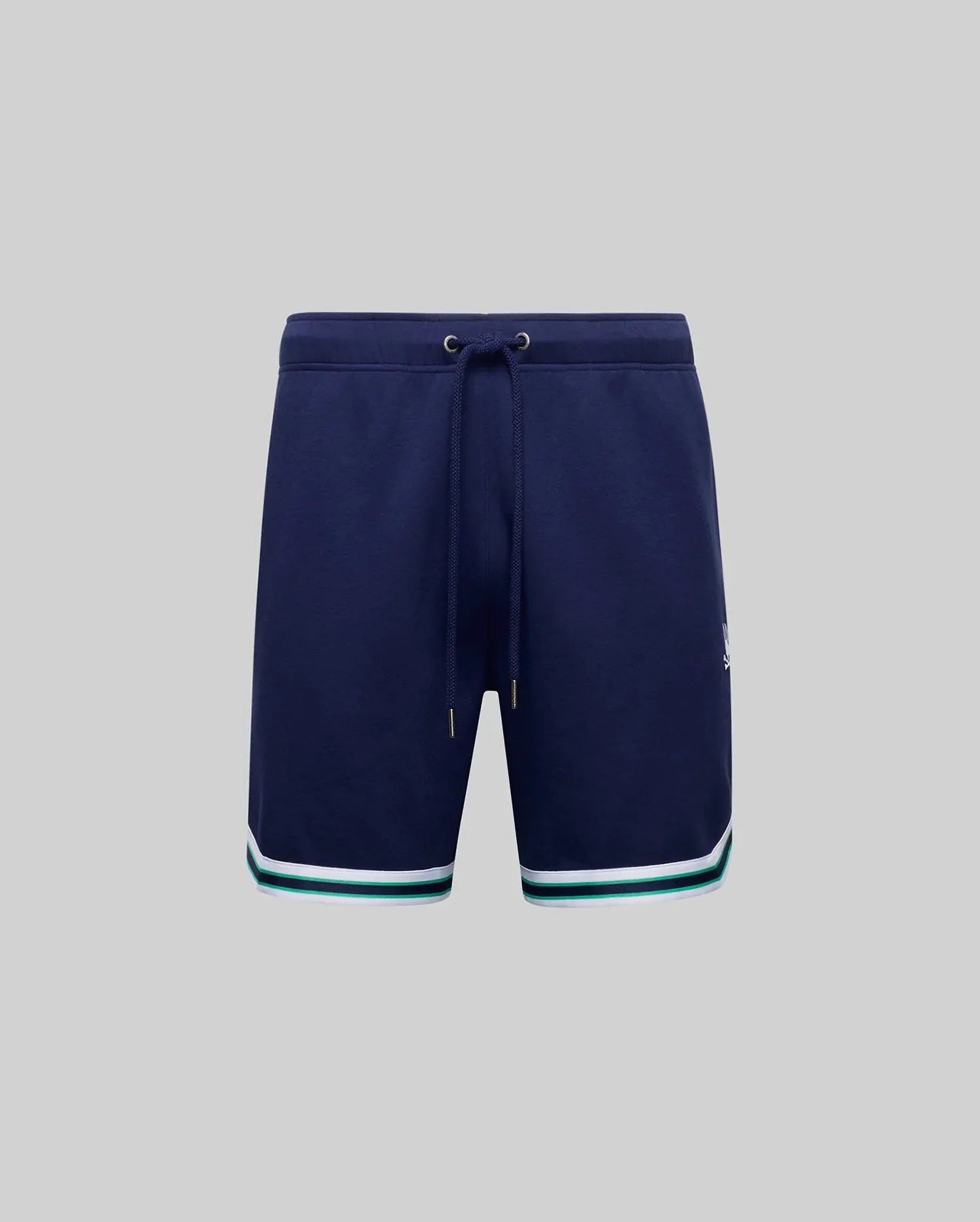 The Psycho Bunny MENS BASIL TAPED SHORT - MB0900005 features navy blue cotton-modal fabric, white and teal stripes near the hem, a drawstring waist, and is shown on a plain grey background.