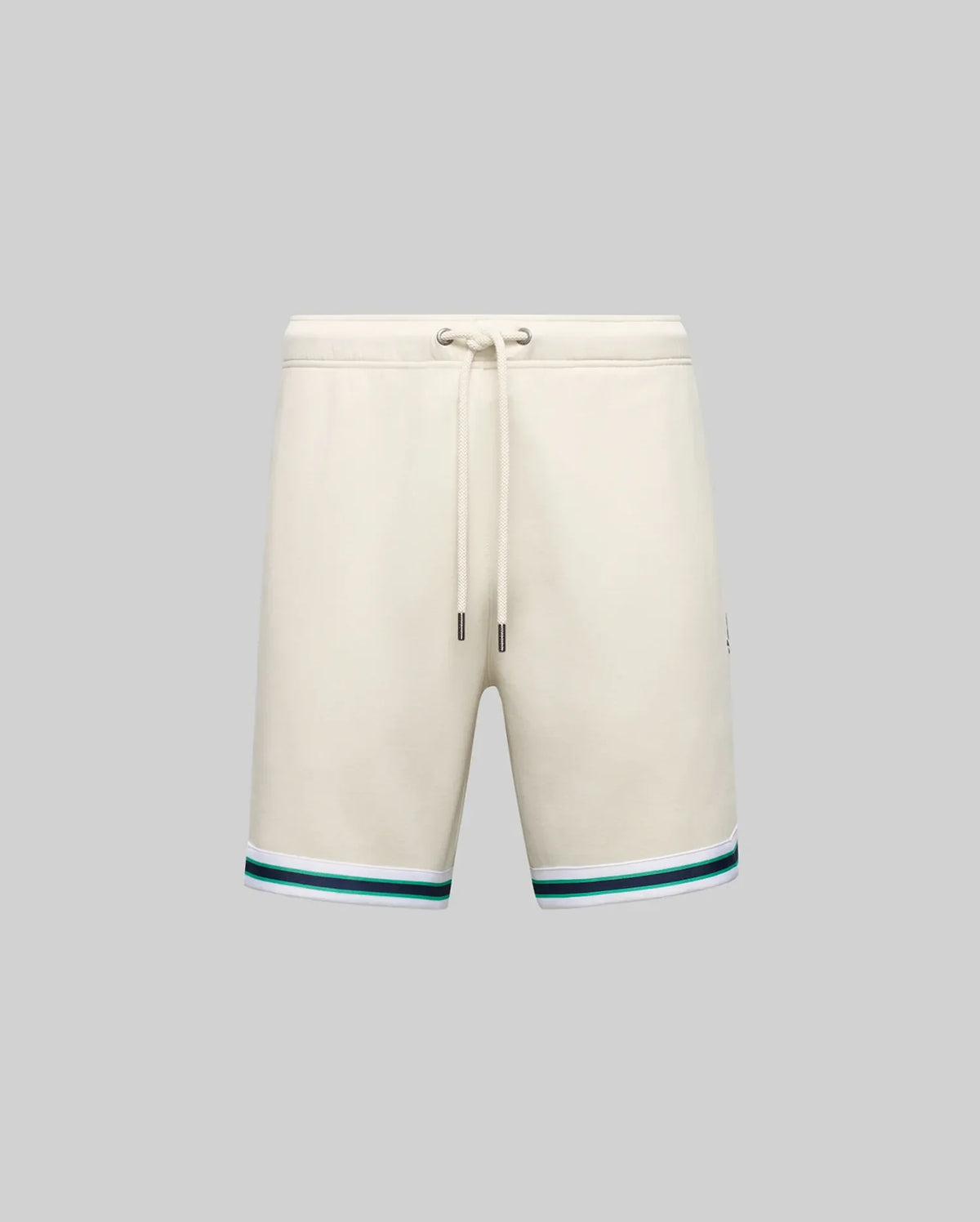 The MENS BASIL TAPED SHORT - MB0900005 by Psycho Bunny, in beige cotton-modal blend, features a drawstring waist and green-blue striped hem, styled on a plain gray background for a classic look.