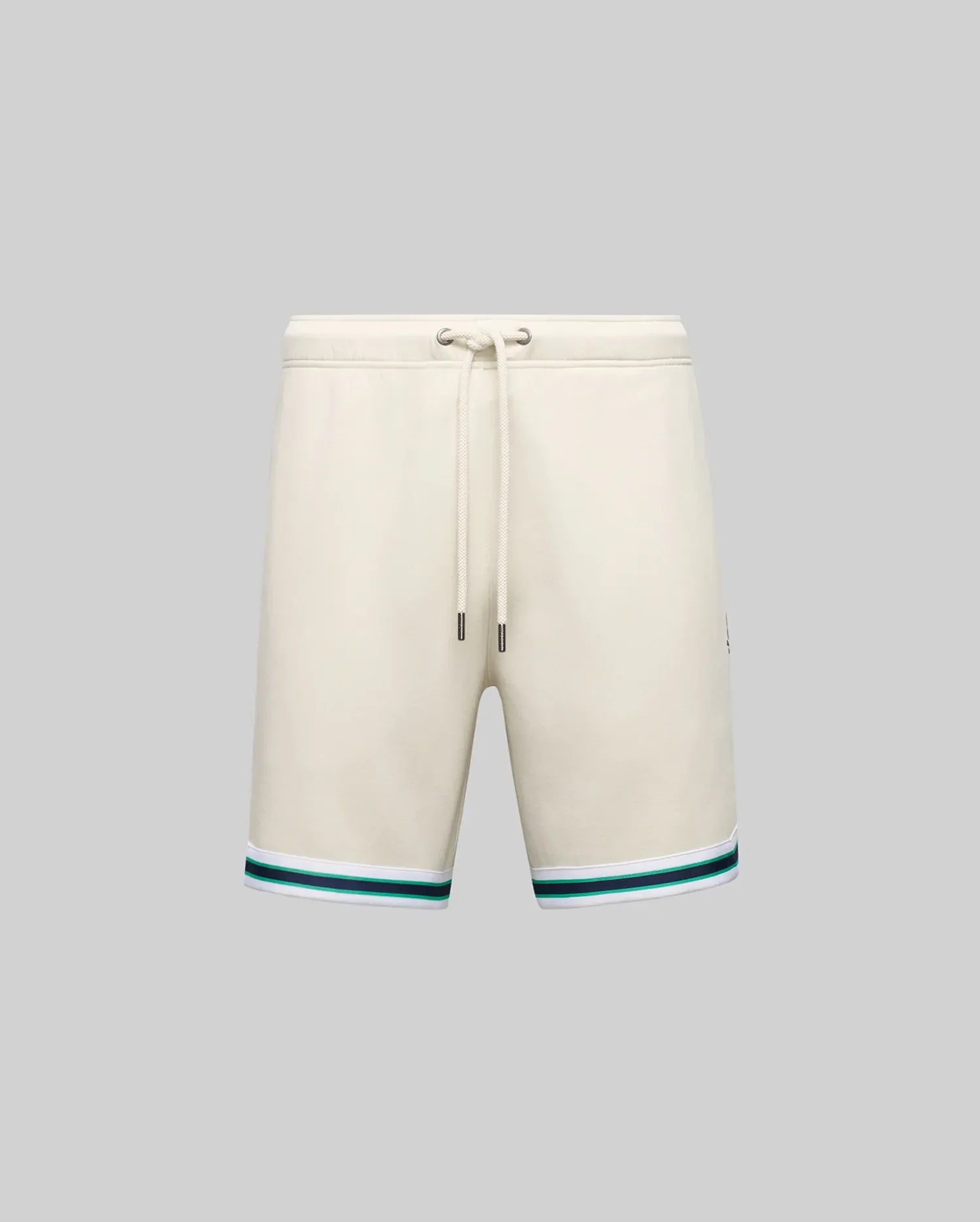 The MENS BASIL TAPED SHORT - MB0900005 by Psycho Bunny, in beige cotton-modal blend, features a drawstring waist and green-blue striped hem, styled on a plain gray background for a classic look.