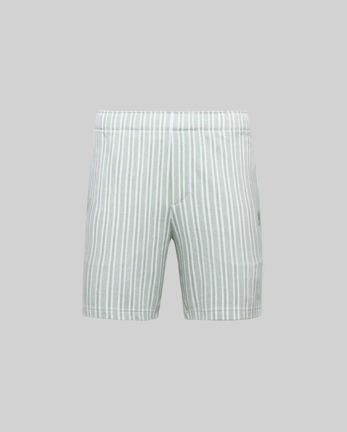 The Psycho Bunny MENS ROBERT KNIT STRIPE SHORT (MB0900007) features light gray soft knit cotton with vertical white stripes, an elastic waistband without a visible drawstring, shown against a plain gray background.