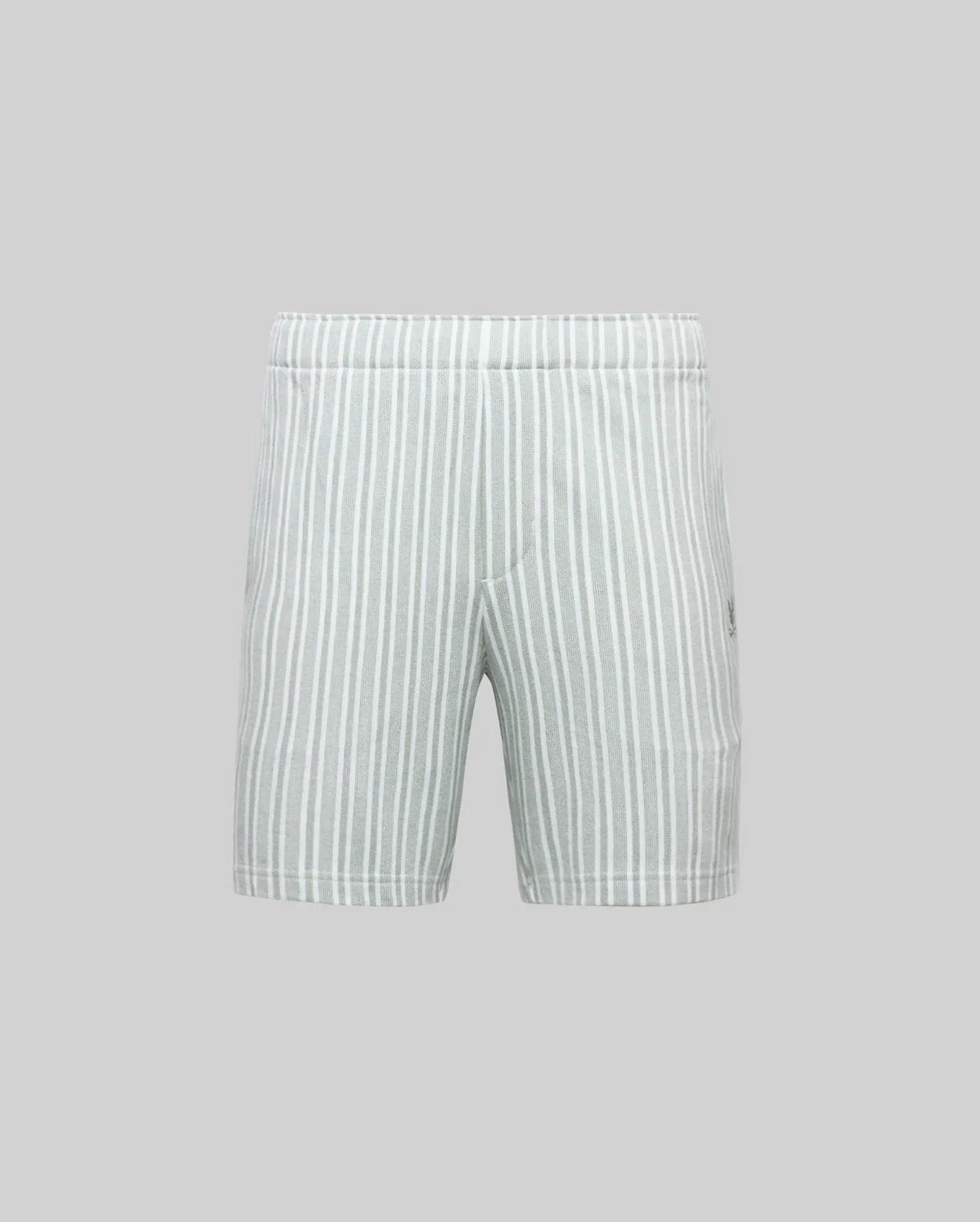 The Psycho Bunny MENS ROBERT KNIT STRIPE SHORT (MB0900007) features light gray soft knit cotton with vertical white stripes, an elastic waistband without a visible drawstring, shown against a plain gray background.