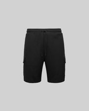 The Psycho Bunny MENS RON WAFFLE CARGO SHORT (MB0900012) features black waffle knit fabric, an elastic waistband with drawstring, side cargo pockets, and subtle embroidered logos. Shown on a plain light grey background.