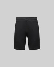 The Psycho Bunny MENS LAZSLO SWEATSHORT - MB0900016 is shown front-facing in plain black against a light gray background, featuring a simple elastic waistband and crafted from stretch modal-cotton-blend jersey for comfort.