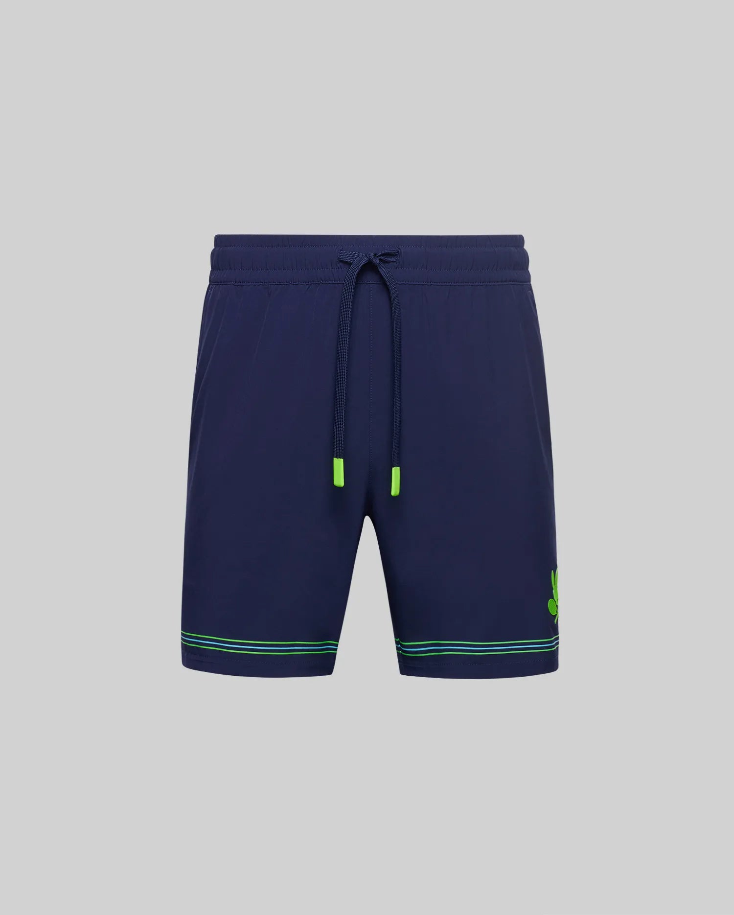 Psycho Bunny TENNIS BALL CREW MENS SHORT - MB0900017: Navy blue quick-dry shorts with drawstring waist, neon green tips, green hem stripes, and a small green clover logo on the left leg. Displayed on a plain gray background. Perfect for tennis or workouts.