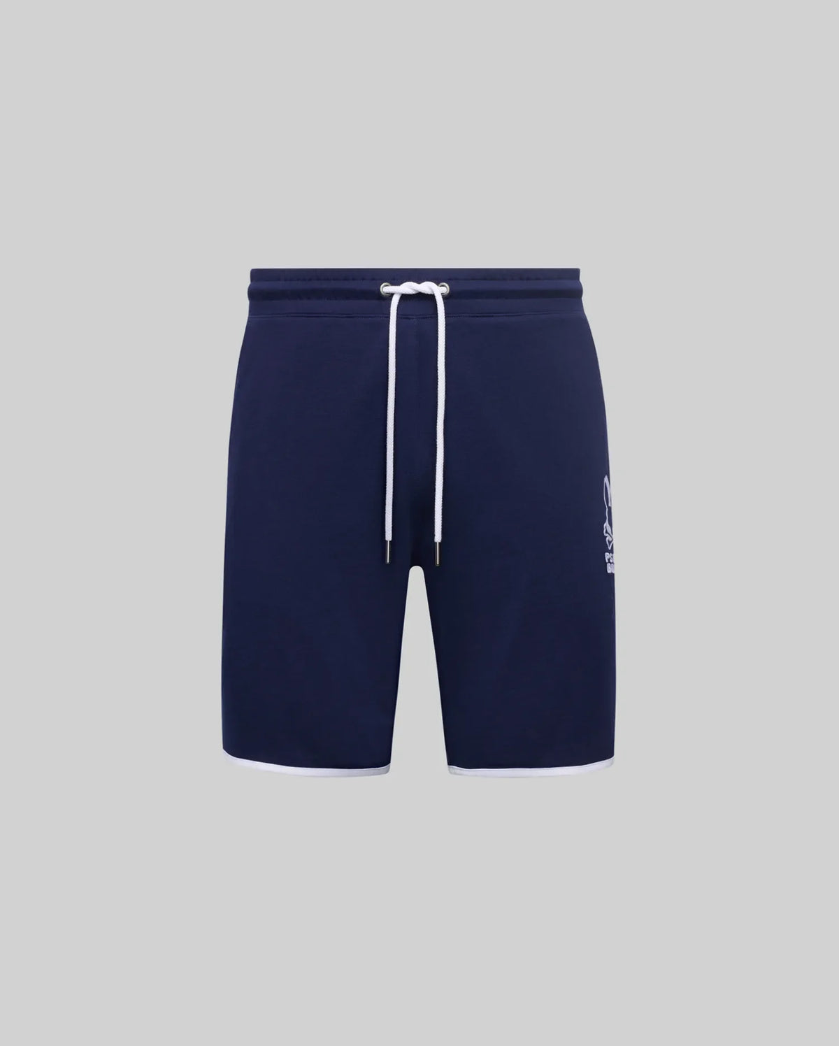 Mens Toby Short in navy blue smooth jersey, featuring a relaxed fit, white drawstring, white hem trim, and a large white Psycho Bunny skull logo print on the lower left leg.