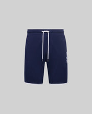 Mens Toby Short in navy blue smooth jersey, featuring a relaxed fit, white drawstring, white hem trim, and a large white Psycho Bunny skull logo print on the lower left leg.