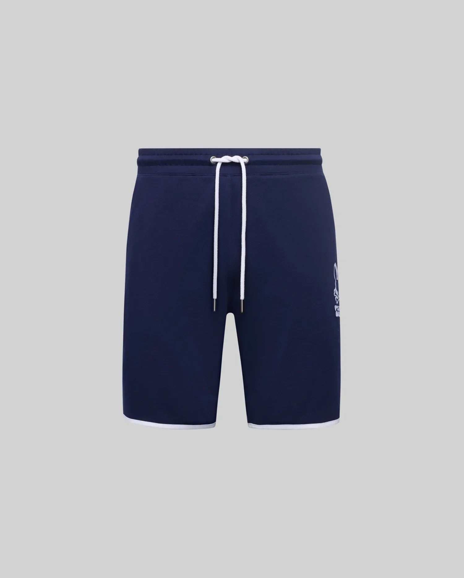 Mens Toby Short in navy blue smooth jersey, featuring a relaxed fit, white drawstring, white hem trim, and a large white Psycho Bunny skull logo print on the lower left leg.