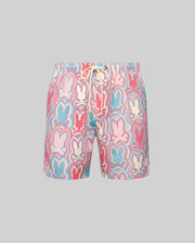 The Psycho Bunny MENS CHUCK ALL OVER PRINT LIGHTWEIGHT SWIM TRUNK (MB1000003) features a drawstring waist and multicolor bunny pattern on light gray, made from quick-dry recycled polyester for eco-friendly comfort.
