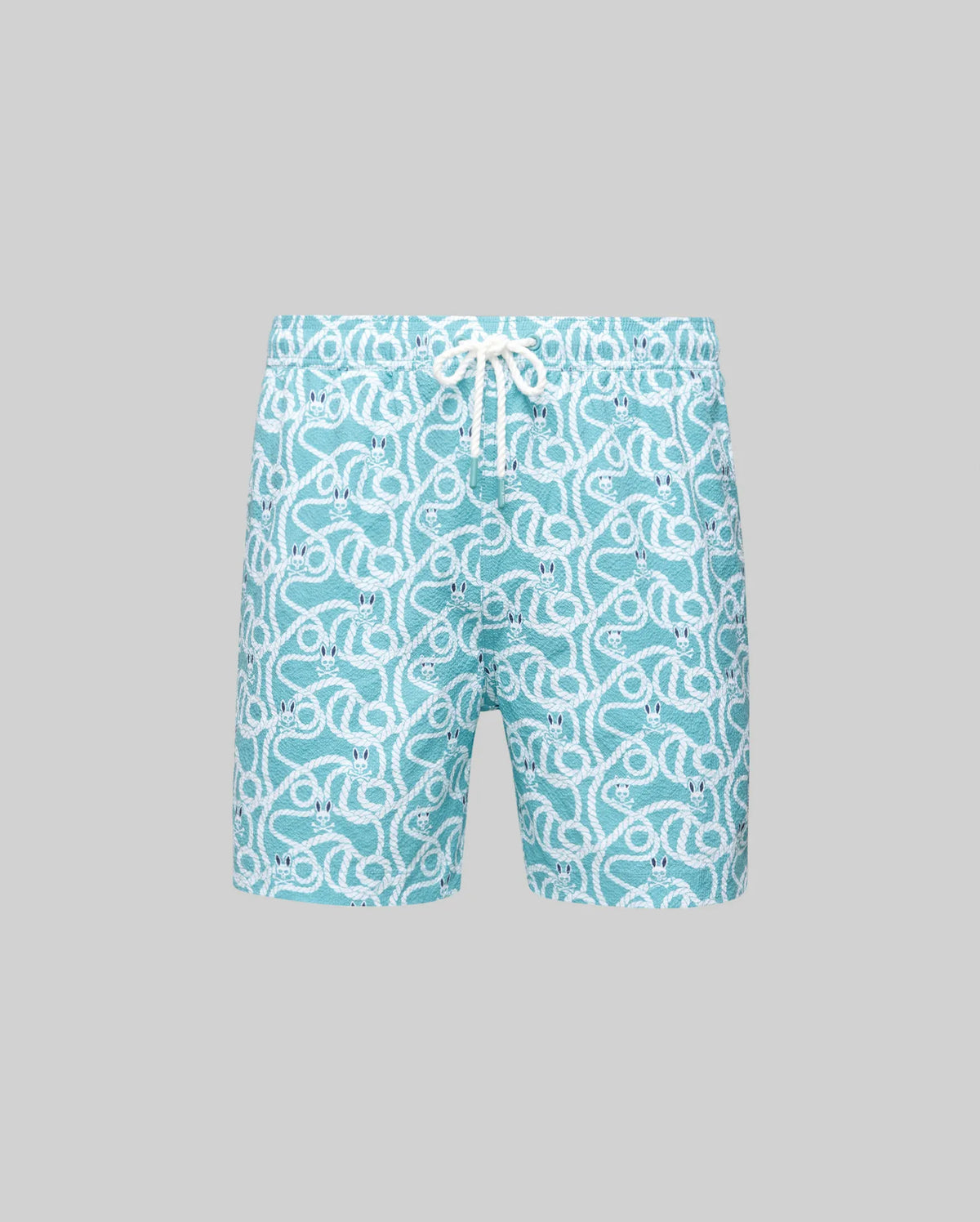 The Psycho Bunny MENS CYRUS ALL OVER PRINT SWIM TRUNK (MB1000004) features aqua blue quick-dry seersucker fabric, a white drawstring, and abstract white swirl patterns, shown on a plain grey background.