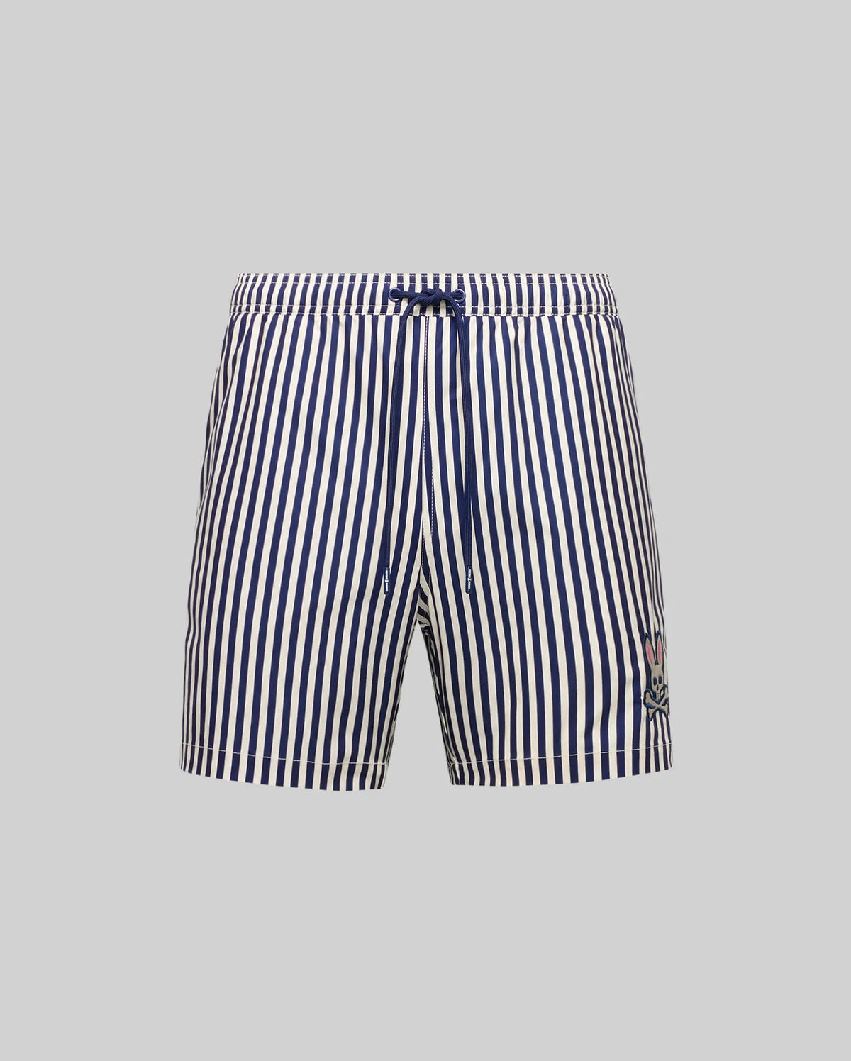 The Psycho Bunny MENS ZANE SWIM TRUNK (MB1000030) features navy blue and white vertical stripes, a drawstring waist, no-chafe net lining, and a small embroidered logo on the lower left leg.