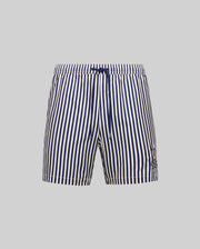 The Psycho Bunny MENS ZANE SWIM TRUNK (MB1000030) features navy blue and white vertical stripes, a drawstring waist, no-chafe net lining, and a small embroidered logo on the lower left leg.
