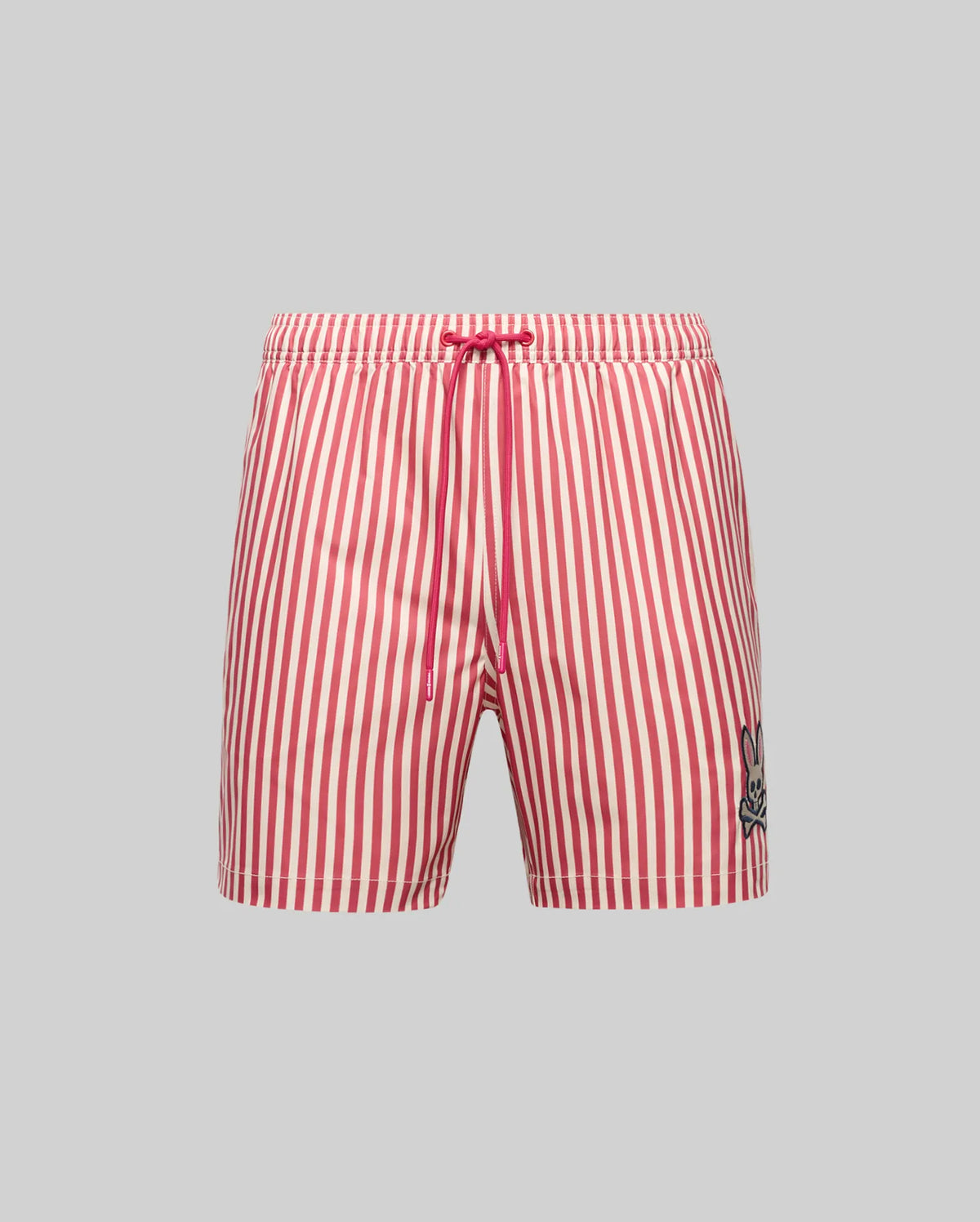 The Psycho Bunny MENS ZANE SWIM TRUNK (MB1000030) features red and white vertical stripes, no-chafe net lining, drawstring waistband, and a black and white bunny logo on the lower left leg, shown on a plain gray background.