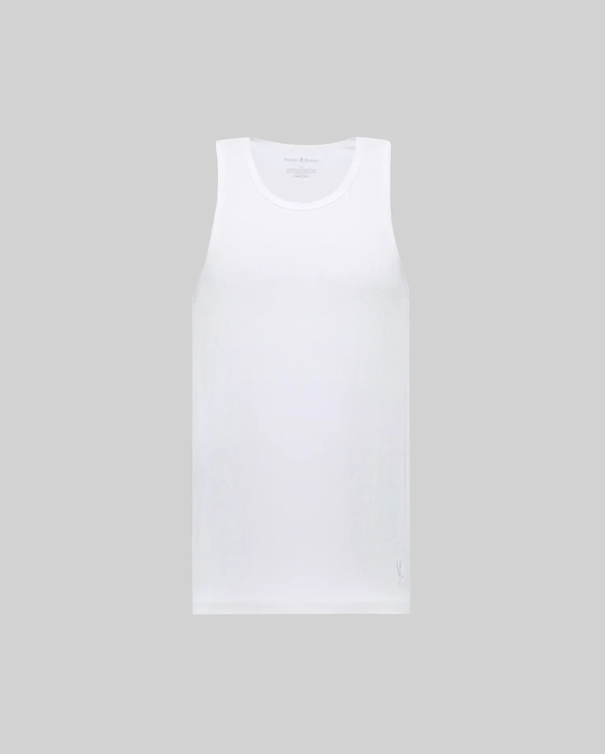 The Psycho Bunny MENS 2 PACK TANK TOP (MO1400001) features plain white sleeveless tops crafted from stretch Pima cotton, shown against a light gray background.