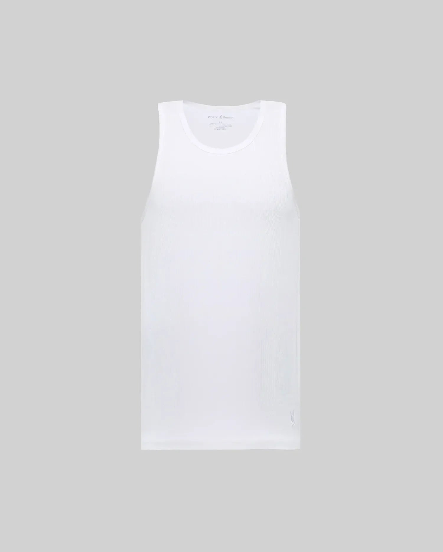 The Psycho Bunny MENS 2 PACK TANK TOP (MO1400001) features plain white sleeveless tops crafted from stretch Pima cotton, shown against a light gray background.