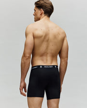 A shirtless man with short brown hair, seen from behind, wears Psycho Bunny MENS 3 PACK BOXER BRIEF - MO1400006 in black, crafted from premium cotton-modal with a logo waistband, set against a plain light background.