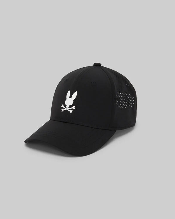 The Psycho Bunny MENS FORREST SPORT CAP (MO1500051) is a black cap with a white bunny head and crossed bones logo, made from premium athletic blend with sweat-wicking mesh sides and an adjustable strap, shown on a plain gray background.