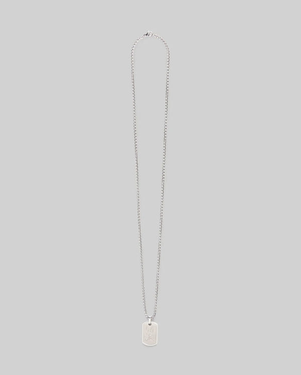 The Psycho Bunny MENS ARMY TAG NECKLACE (MO1700021) features a silver rectangular pendant engraved with a bunny, hanging from a steel cable chain and shown against a plain light gray background.