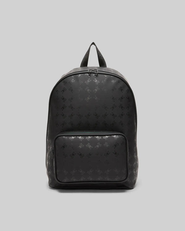 Black Bunny Backpack with an all-over tonal Psycho Bunny skull logo pattern, crafted from smooth material, featuring a front zip pocket and subtle teal zipper detail.