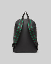 Black Bunny Backpack featuring a subtle tonal all-over Psycho Bunny skull logo pattern, with black shoulder straps accented by a green stripe and white Psycho Bunny text.