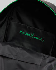 Bunny Backpack in black with a subtle tonal exterior pattern, vibrant green zipper trim, and a smooth black interior lining featuring a prominent green Psycho Bunny skull logo and text.