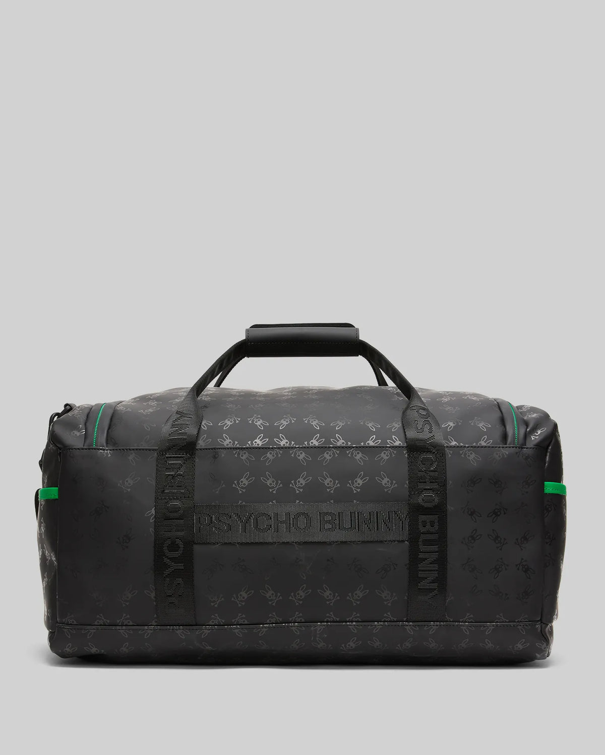 Black Gym Bag with smooth finish, featuring an all-over tonal Psycho Bunny skull logo pattern, green zipper trim, side accents, and prominent PSYCHO BUNNY text on carry straps.