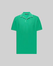 The Psycho Bunny MENS JAXON SOFT PIQUE CAMP COLLAR POLO (MT0100006) is a green short-sleeve Pima cotton polo with white piping on the collar and sleeves, an embroidered Bunny logo on the chest, shown against a light gray background.
